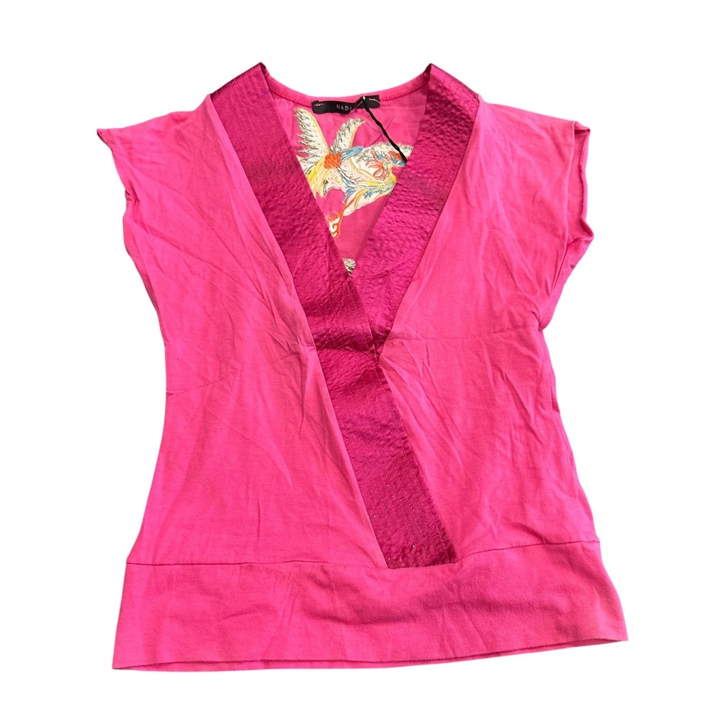 Nadi Women Hot Pink Phoenix Embroidered Crossover V-Neck Top Short Sleeve